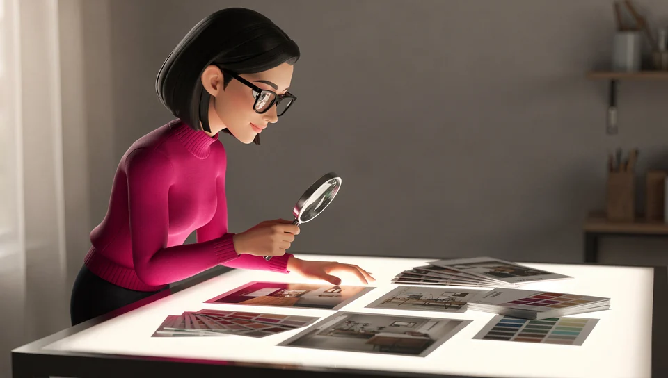 Iris als gezeichnete Figur am Leuchttisch, sie prüft ein Foto mit dem Fadenzähler.