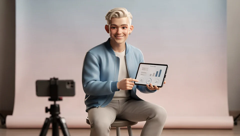 Kai als gezeichnete Figur in einem kleinen Studio mit Ringlicht, er kreist eine Zahl auf einem Balkendiagramm ein.